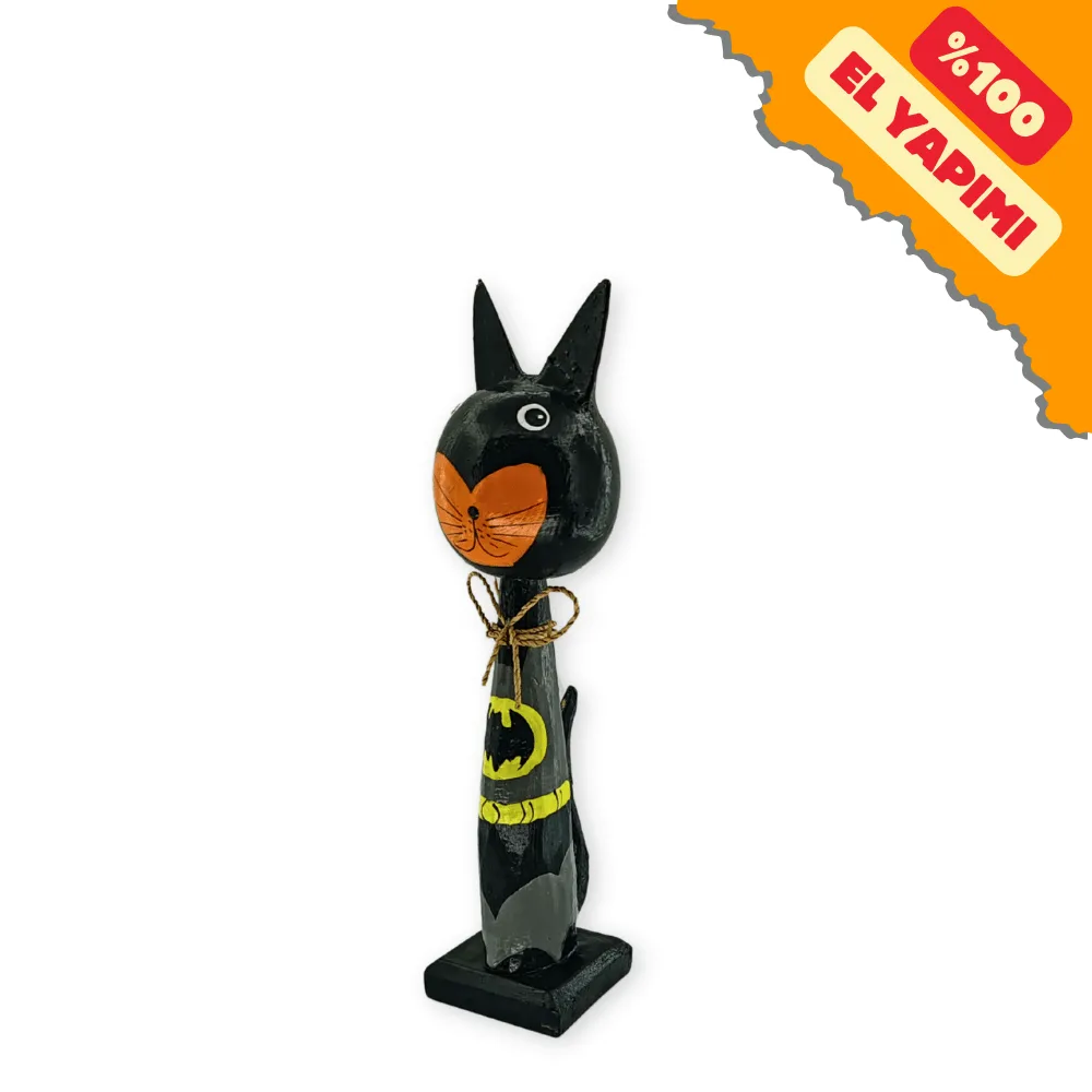 El Yapımı Tik Ağacı Koca Kafalı Batman Kedi Küçük Boy