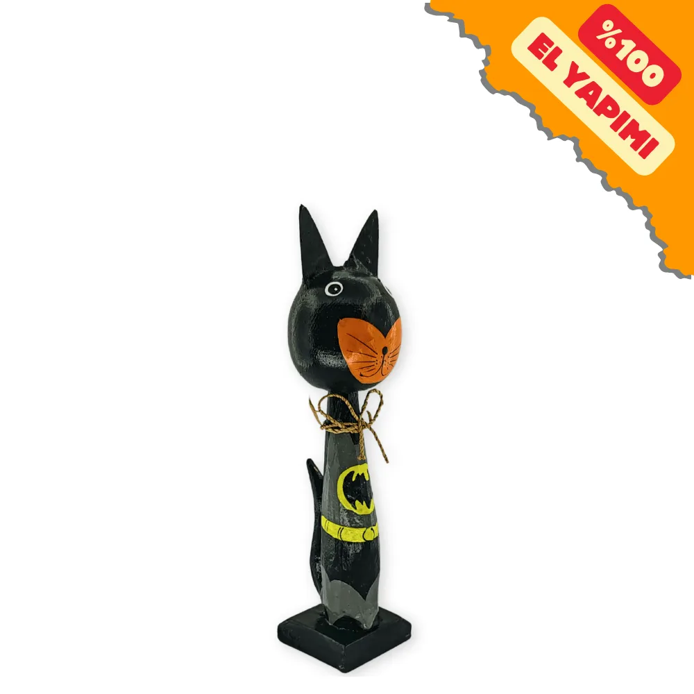 El Yapımı Tik Ağacı Koca Kafalı Batman Kedi Küçük Boy