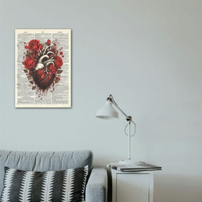Vintage Kitap Sayfası Üstünde Kalp Ahşap Retro Poster