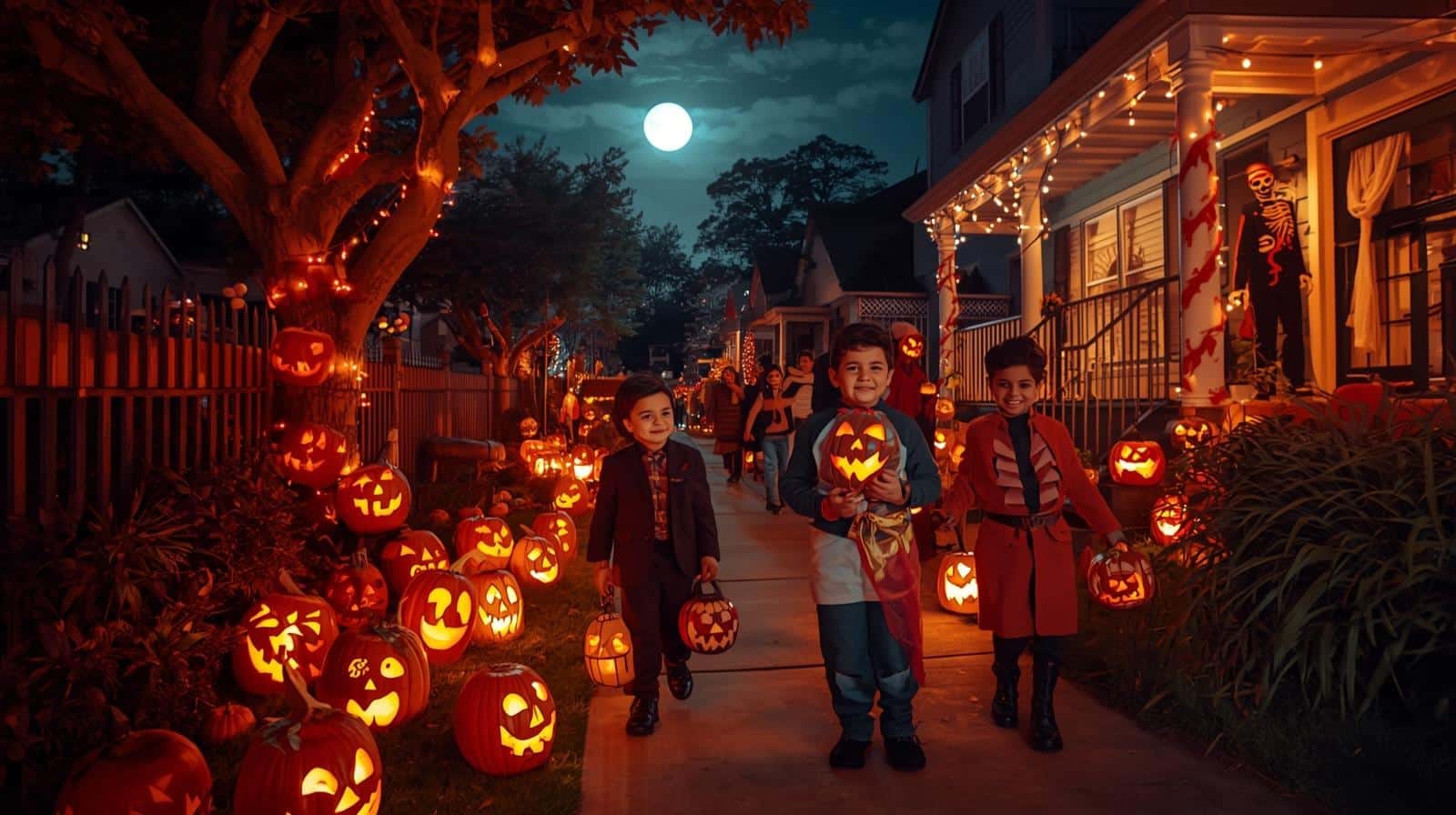 Balkabakları ve kostümlü çocuklarla süslenmiş Cadılar Bayramı sokağı