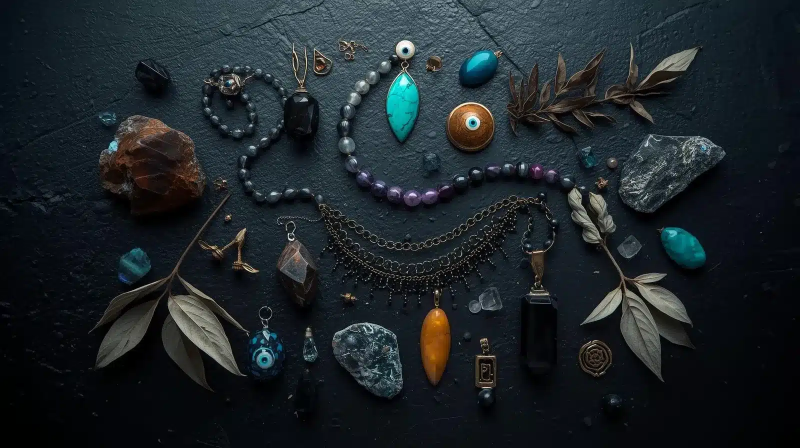 Nazar boncuğu ile çevrili koruyucu doğal taşlar.