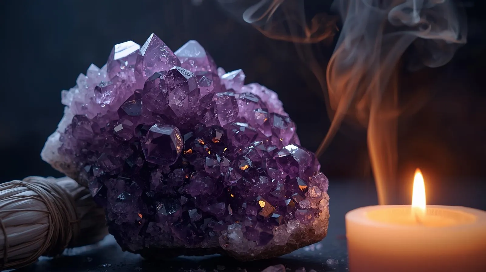 Gerçek ametist kristali ve enerji temizliği için kullanılan adaçayı tütsüsü.